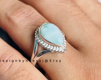 Elegant Pear Larimar Ring, Ocean Larimar Ring, Bohemian Ring, Sterling Silver Ring, Ring for Women, Artisan Boho Silver Ring, Gift For Her