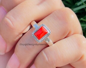Anillo de coral rojo natural, Anillo de plata de ley 925, Anillo de plata de coral, Anillo ovalado, Anillo midi, Anillo apilable, Anillo de piedra roja, Anillos para mujer