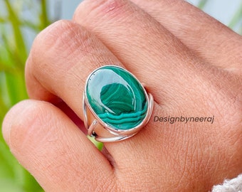 Natural Malachite Oval Ring 925 Sterling Silver Ring Green Malachite Ring Handmade Jewelry Ring For Women April May Birthstone Gift For Her