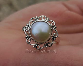 925 Sterling Silver Natural Pearl Ring Gemstone Ring Boho Statement Ring Women Ring Dainty Freshwater Pearl Ring June Birthstone Pearl Ring