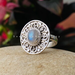 Natural Rainbow Moonstone Designer Ring, 925 Sterling Silver Ring, Moonstone Ring, Womens Gift Ring, Rainbow Moonstone, June Birthstone Ring