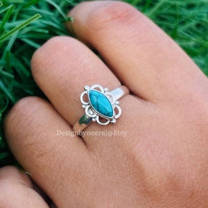 Anillo turquesa natural, anillo de plata de ley 925, anillo de declaración, anillo de piedra de nacimiento de diciembre, anillo de piedra azul, anillo turquesa, regalo para ella