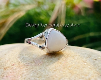 Natural White Coral, 925 Sterling Silver Ring, Birthday Gemstone Ring, Trillion Shape Coral Ring, Oxidized Ring, White Coral Jewelry Gift