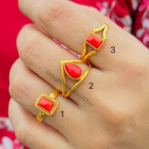 Natural Red Coral Silver Ring, 925 Sterling Silver Ring, Red Ring, Coral Ring, Crown Ring, Handmade Ring, Statement Ring, 3 Ring Set, Gifts