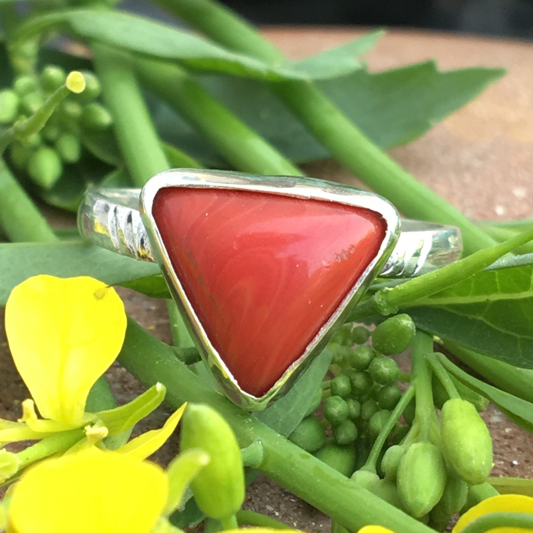 Natural Triangle Ring Red Coral Ring Moonga Ring Handmade Ring