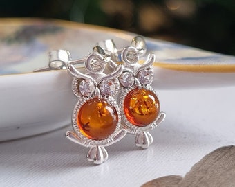 Amber Drop Earrings 925 Sterling Silver Owl Earrings Baltic Amber Cognac Earrings Honey Amber Fossil Jewelry Silver Bird Earrings for Her