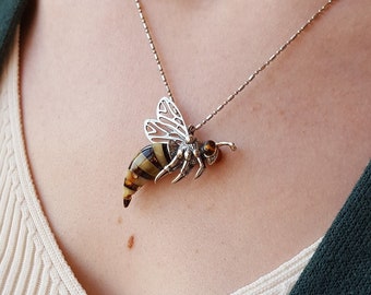 Amber Bee Pendant, Baltc Amber Bumble Bee Jewelry, Handmade Amber Bee Jewelry, Wasp Pendant, 925 Silver Sterling Bee Pendant, Gift For Her
