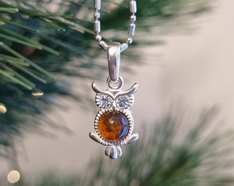 Cognac Baltic Amber Owl Pendant, 925 Sterling Silver Bird Jewelry, Animal Jewelry Amulet Talisman