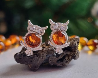Baltic Amber Earrings 925 Sterling Silver Owl Earrings Wisdom Amulet Charm Cognac Amber Earrings Honey Amber Jewelry Silver Owl Bird Earring