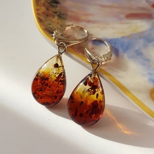 Radiant Amber Drop Earrings Genuine Baltic Amber Dangle Earrings Boho Amber Fossil Jewelry 925 Sterling Silver Teardrop Earring Gift For Her