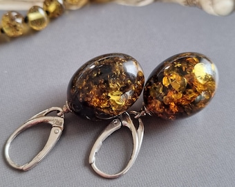 Baltic Amber Earrings Natural Amber Dangle Earrings Green Amber Fossil Stone Jewelry 925 Sterling Silver Teardrop Earrings Gemstone Jewelry