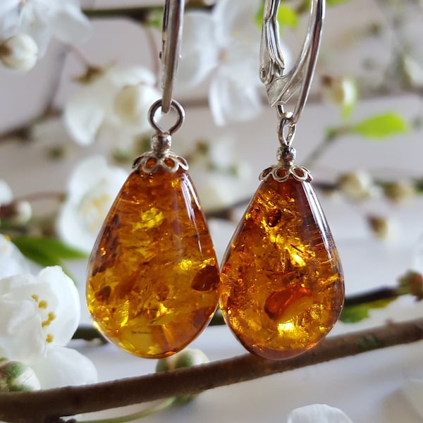 Amber Drop Earrings Boho Amber Fossil Jewelry Baltic Amber Cognac Amber Dangle Earrings Silver Plated Teardrop Earring Romantic Gift for Her