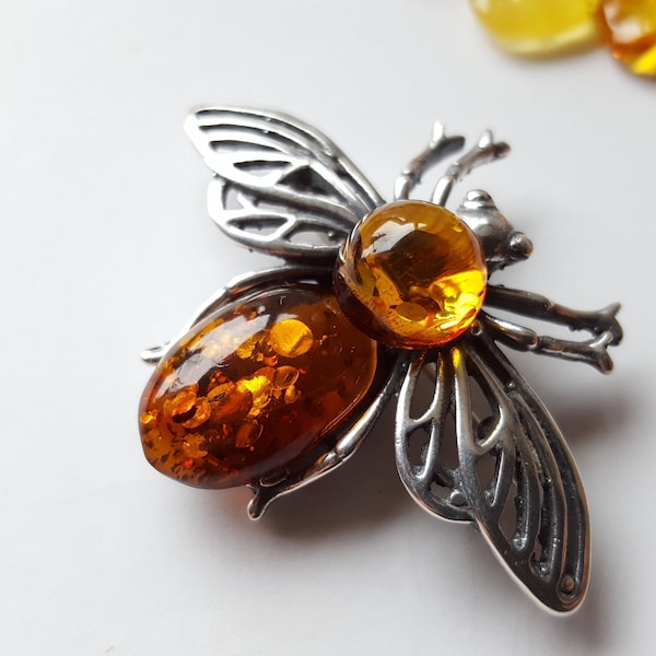 Broche de ámbar, broche de abeja, joyería, broche de ámbar báltico genuino, joyería de abejorro hecha a mano, broche de ámbar, joyería bohemia, broche de abeja, regalo para ella