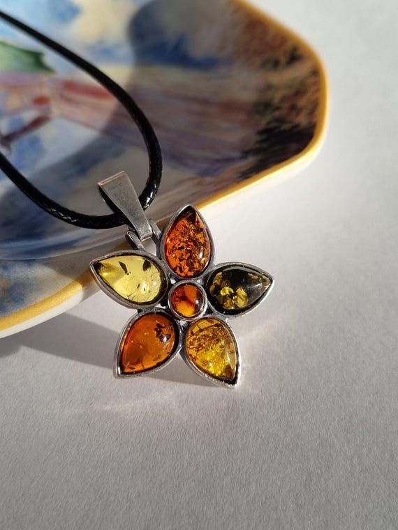 Baltic Amber Pendant Flower 925 Sterling Silver Amber Flower
