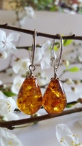 Amber Drop Earrings Boho Amber Fossil Jewelry Baltic Amber Cognac Amber Dangle Earrings Silver Plated Teardrop Earring Romantic Gift for Her product logo