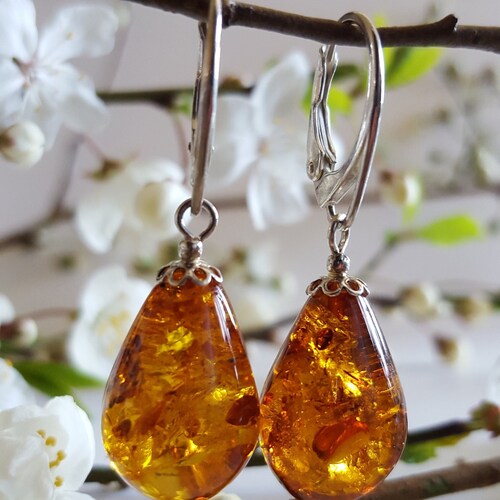 Amber Drop Earrings Boho Amber Fossil Jewelry Baltic Amber Cognac Amber Dangle Earrings Silver Plated Teardrop Earring Romantic Gift for Her