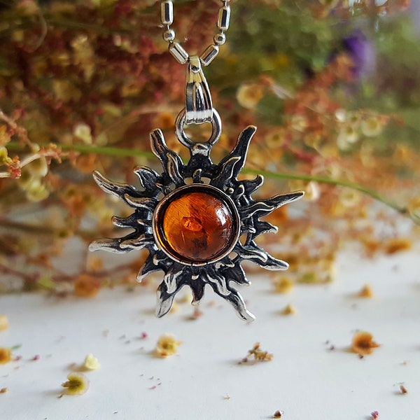 Amber Sun Pendant Cognac Amber Jewelry  Bohemian Boho Pendant Celestial Pendant Pagan Butterscotch Amber Jewelry Honey Amber Women Jewelry