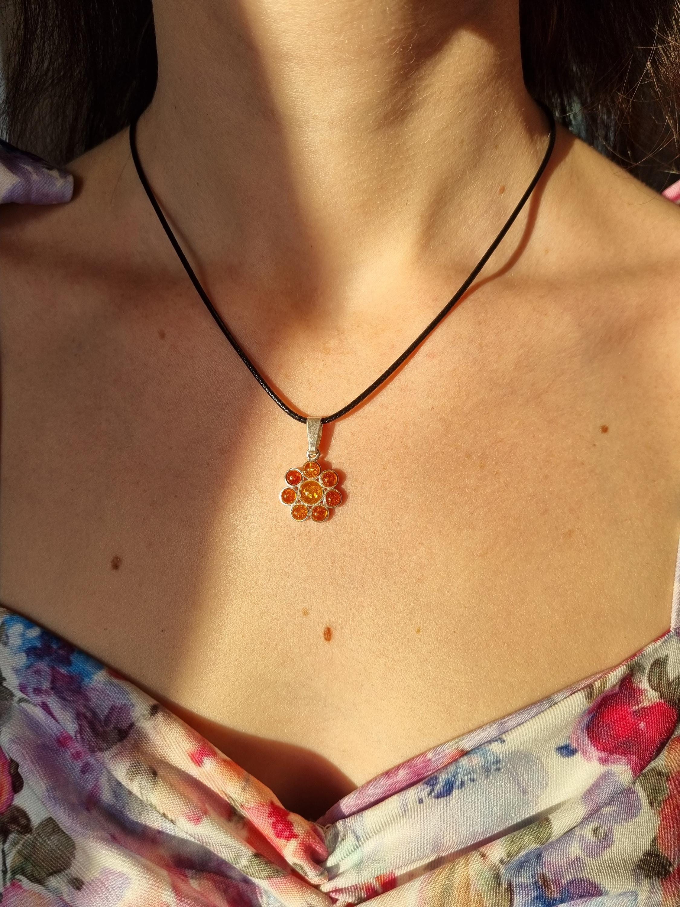 Pendentif Fleur En Argent Sterling 925 Avec Ambre Baltique Naturel - Modèle 318C, Bijou Polonais