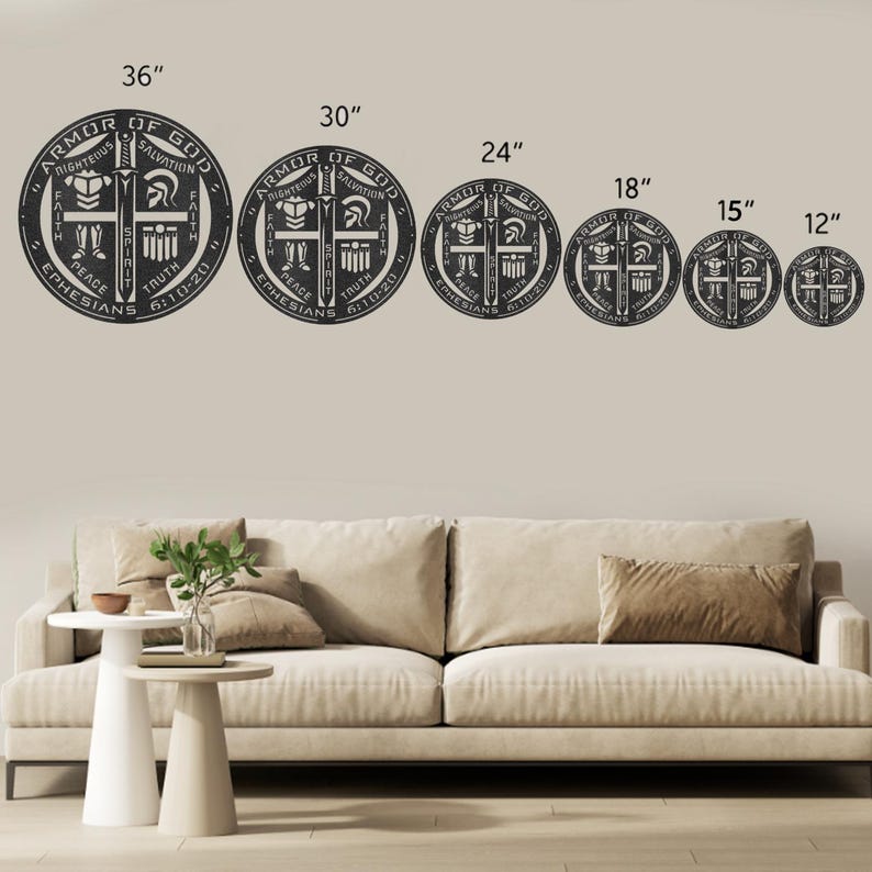 May include: A set of six black metal wall art pieces, each a circular design with the words "Armor of God" and "Ephesians 6:10-20" inscribed. Sizes range from 12 inches to 36 inches in diameter. The design includes a sword, shield, and other religious symbols.