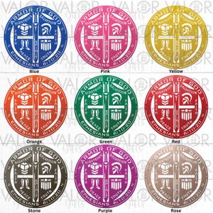 May include: A collection of circular metal wall art pieces in various colors, each featuring a cross, sword, and helmet design with the words "Armor of God" and "Ephesians 6:10-20". Colors include blue, pink, yellow, orange, green, red, stone, purple, and rose.