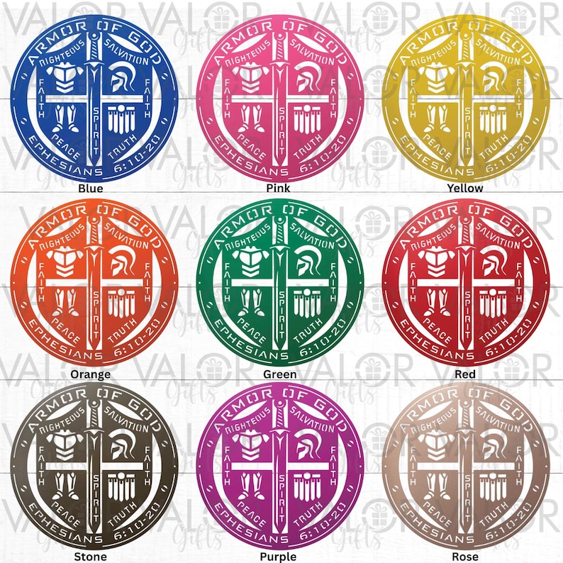 May include: A collection of circular metal wall art pieces in various colors, each featuring a cross, sword, and helmet design with the words "Armor of God" and "Ephesians 6:10-20". Colors include blue, pink, yellow, orange, green, red, stone, purple, and rose.