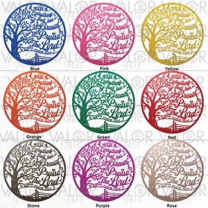 May include: A collection of nine circular tree-themed wall art pieces in various colors, including blue, pink, yellow, orange, green, red, stone, purple, and rose. Each piece features the text "Let everything that has breath praise the Lord" and Psalm 150:6.