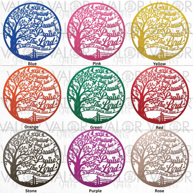 May include: A collection of nine circular tree-themed wall art pieces in various colors, including blue, pink, yellow, orange, green, red, stone, purple, and rose. Each piece features the text "Let everything that has breath praise the Lord" and Psalm 150:6.