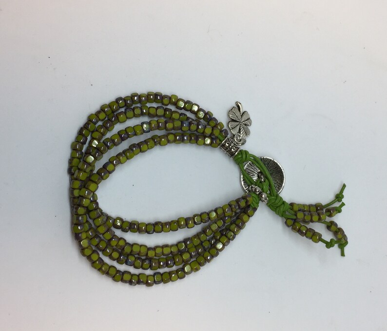4 strand leather Boho bracelet Irish Moss bohemian glass beads Matubo 3cut