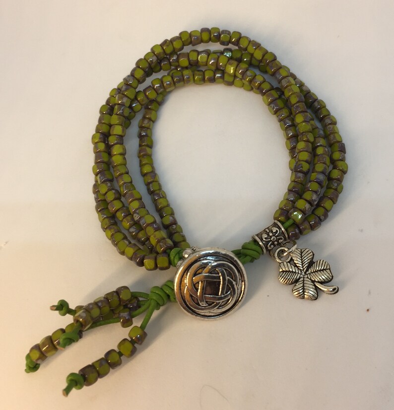 4 strand leather Boho bracelet Irish Moss bohemian glass beads Matubo 3cut
