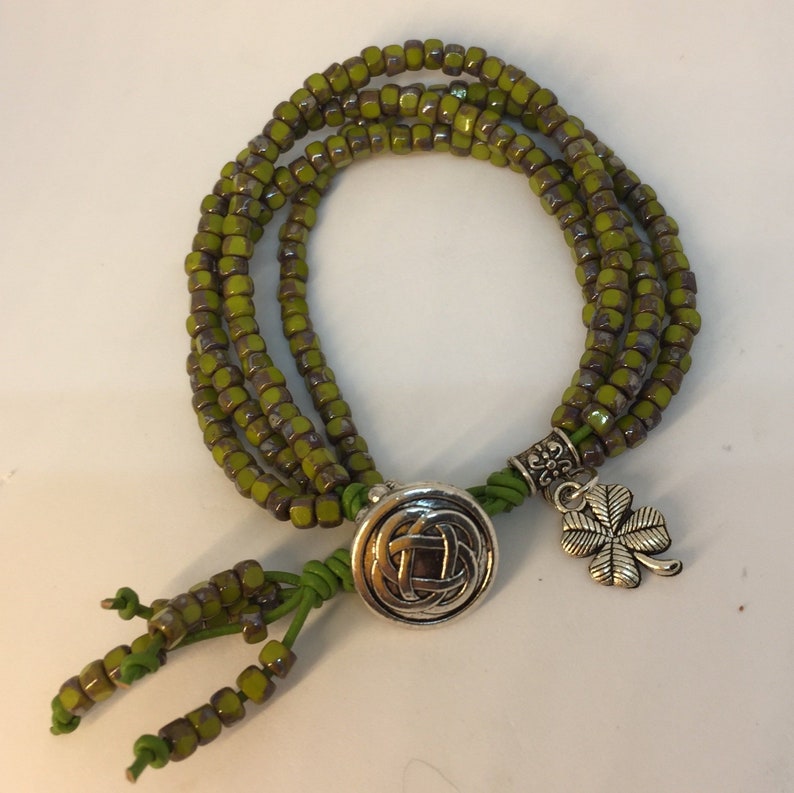 4 strand leather Boho bracelet Irish Moss bohemian glass beads Matubo 3cut