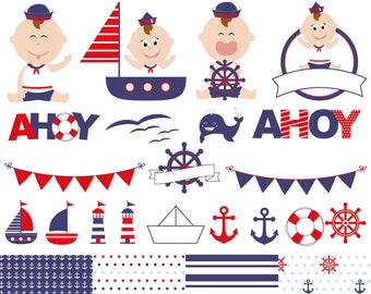 Baby boy sailor clipart, nautical baby shower clip art, summer clipart, sailor birthday clipart, nautical graphics, boat clipart, lighthouse