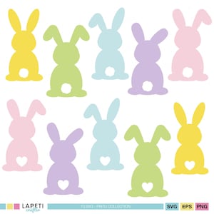 Ensemble SVG lapin de Pâques | Silhouettes pastel de lapin | Fichiers de coupe lapin mignon | Bébé Pâques Svg | Svg queue de lapin printanier | Svg dos lapin pour enfants