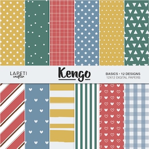 Puede incluir: Una colección de 12 diseños de papel digital etiquetados como Kengo Basics, con patrones que incluyen estrellas, corazones, triángulos, rayas, cuadros y lunares en amarillo, verde, rojo y azul. El texto dice Lapeti Crafter Kengo Basics 12 Designs 12x12 Digital Papers.