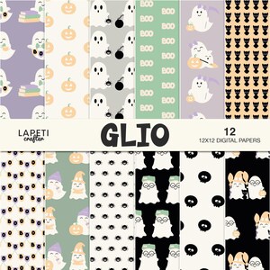 May include: A collection of 12 digital papers with Halloween-themed patterns. Designs include ghosts, pumpkins, spiders, cats, and the word "BOO". The papers are 12x12 inches and feature a variety of colors, including black, white, orange, and purple.