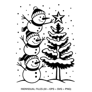 May include: Black and white illustration of three snowmen stacked on top of each other, reaching for a star atop a Christmas tree. The snowmen wear hats and scarves. The image includes the text "INDIVIDUAL FILES (AI + EPS + SVG + PNG)".