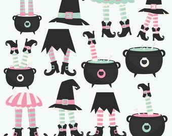 Pastel Witch Clipart Set, Halloween Cauldron, Legs PNG Bundle (Digital Download)