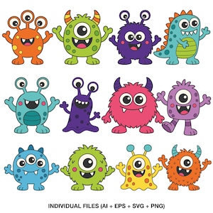 Op de afbeelding: Een verzameling van twaalf kleurrijke cartoonmonsterillustraties met verschillende vormen, maten en uitdrukkingen. De personages omvatten harige, gevlekte en gehoornde wezens in tinten oranje, groen, paars, blauw, roze en geel. Tekst: INDIVIDUAL FILES (AI + EPS + SVG + PNG).