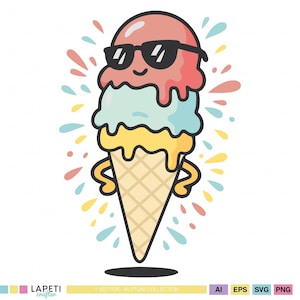 Cool Ice Cream SVG PNG, Cute Summer Cone Clipart, Funny Kawaii Dessert Png Design, Kids Shirt Sublimation, Cartoon Editable Vector EPS File