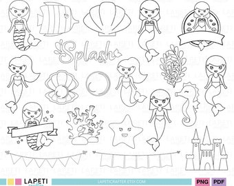 Coloring Mermaid Activity for Kids, Printable Digital Stamp, Mermaid Birthday Coloring PNG, Instant Download, Under the Sea Clipart | NIZIA