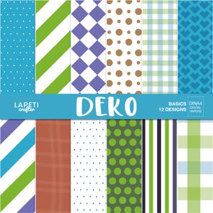 Puede incluir: Una colección de 12 diseños de papel digital etiquetados como DEKO BASICS DINA4. Los patrones incluyen lunares azules, rayas diagonales verdes, diamantes morados, círculos marrones, cuadros azul claro y verdes, corazones azules y puntos verdes.