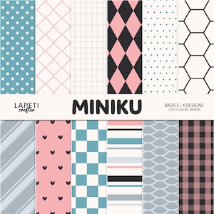 Può includere: Una collezione di dodici motivi di carta digitale con vari design, tra cui blu con stelle bianche, griglie a rombi rosa, argyle nero e rosa, pois, esagoni, strisce, cuori, scacchi e tartan, con il testo MINIKU BASICS.