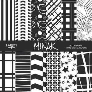 May include: A collection of 12 digital papers with various black and white patterns. Designs include stripes, chevrons, crosshatch, and star motifs. The papers are labeled "MINAK" and "12 DESIGNS 12x12 DIGITAL PAPERS". The brand name "LAPETI crafter" is also visible.