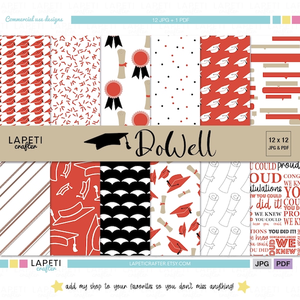 Papel digital graduación, Papel scrapbooking graduación roja, Papel imprimible recién graduado, Fondos para scrapbooking | DOWELL