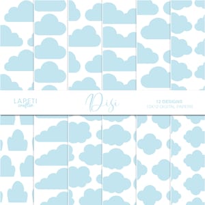 May include: Digital paper pack featuring light blue cloud patterns on a white background. The pack includes 12 designs, each 12x12 inches. The text "Lapeti Crafter" and "Dizi" are also visible.