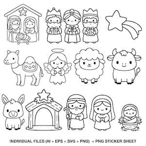 Op de afbeelding: Zwart-wit illustraties van een kerststal, inclusief de heilige familie, de wijzen, dieren en een ster. De afbeelding bevat ook de tekst "INDIVIDUAL FILES (AI + EPS + SVG + PNG) + PNG STICKER SHEET".
