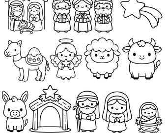 May include: Black and white line art illustrations of a nativity scene, including the holy family, wise men, animals, and a star. The image includes the text "INDIVIDUAL FILES (AI + EPS + SVG + PNG) + PNG STICKER SHEET".
