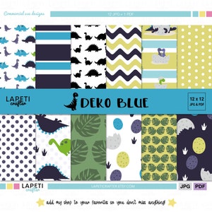 May include: A collection of 12x12 digital papers with dinosaur and leaf patterns in blue, green, and white. Includes polka dots, stripes, and dinosaur silhouettes. The text "DEKO BLUE" is displayed with the text "LAPETI crafter" and "LAPETICRAFTER.ETSY.COM".