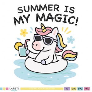 Unicorn Summer SVG for Kids | Cute Shirt Design for Pool Party or Summer Crafts | Sublimation Clipart PNG for Cricut and Silhouette