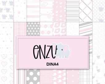 Baby Elephant Digital Paper Pack, Pink and Grey Nursery Patterns, Cute Baby Shower Scrapbook Backgrounds for Girls, Instant Download Paper