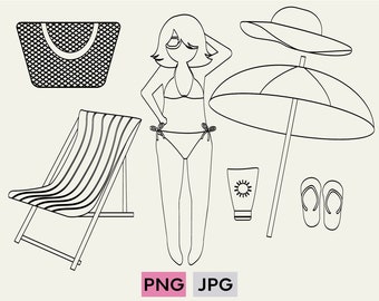 Summer girl digital stamp | Beach digistamp for coloring and cardmaking | 7 digital coloring pages in PNG and JPG format in instant download